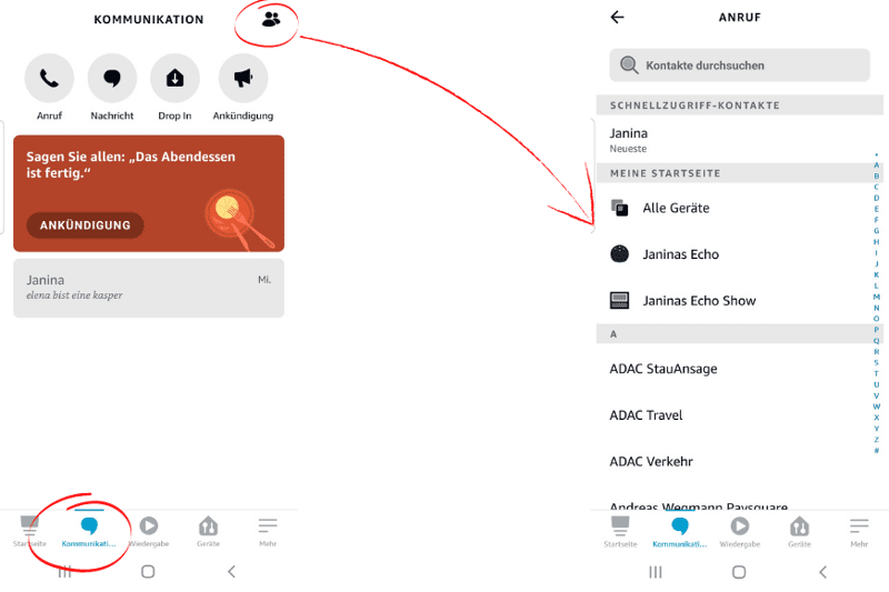 Über die Alexa App wird ein Kontakt herausgesucht, welcher angerufen werden soll
